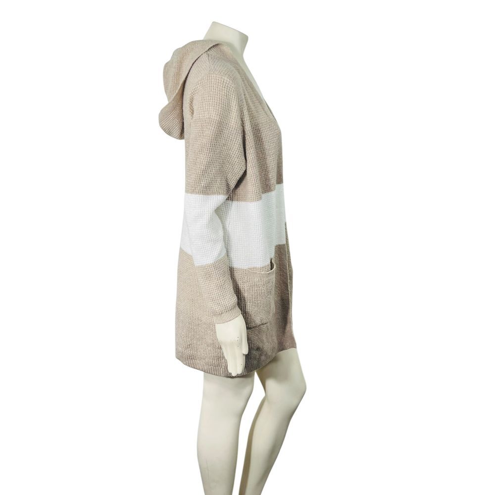 Cozy Hooded Long Cardigan Color Block Beige White Knit Sweater Peyton Primrose - Picture 3 of 9
